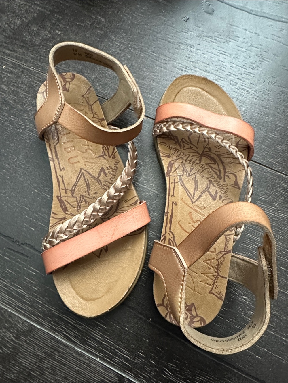 Girls Braided Strappy Sandals in Tan and Salmon